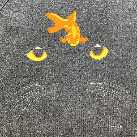 Vintage Cat Sweatshirt Womens Small Black Nature Kitten Eyes Goldfish USA 80s - Picture 2 of 11